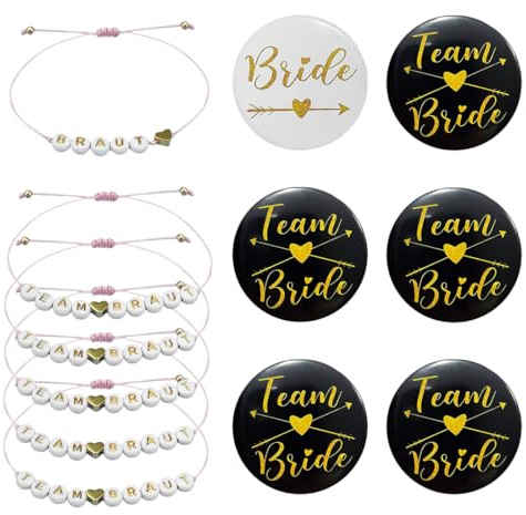 DIFLAX 12 Piezas Chapas Alfileres+pulseras Despedida de Soltera Equipo Novia Regalo Recuerdo Complemento Accesorio Fiesta Despedida Soltera Boda Damas Honor Amigas Familia (Oro Negro)