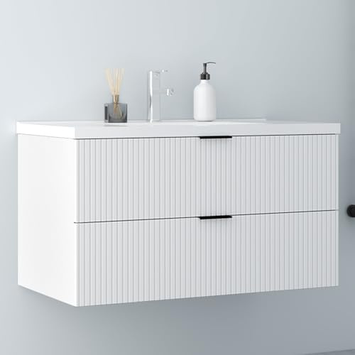 Biubiubath Badmöbel-Set Weiß Matt 100cm Dickes Keramik Waschtisch mit Unterschrank Badezimmerschrank mit Softclose-Schubladen geriffelte Schubladentüren