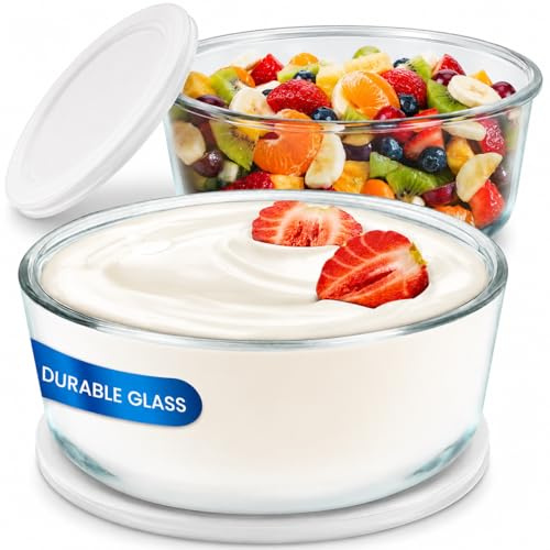 Ultimate Yogurt Containers 2 Pack, 1 Quart Glass Food Storage Containers with Airtight Lids (4 Cup), 100% BPA Free, Oven, Microwave, Freezer & Dishwasher Safe Round Bowls for Yogurt Making & Meal Prep