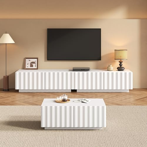MAMAINI Conjunto de salón con diseño de ondas, mueble de TV y mesa de café, espacio de almacenamiento, moderno, estable, práctico, blanco