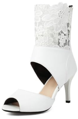 Genérico Botines Mujer Encaje Punta Abierta, Tacón 7,5 cm y Cremallera | Botines de punta abierta con encaje floral, tacón de 7,5 cm y cremallera trasera para boda, fiesta y noche