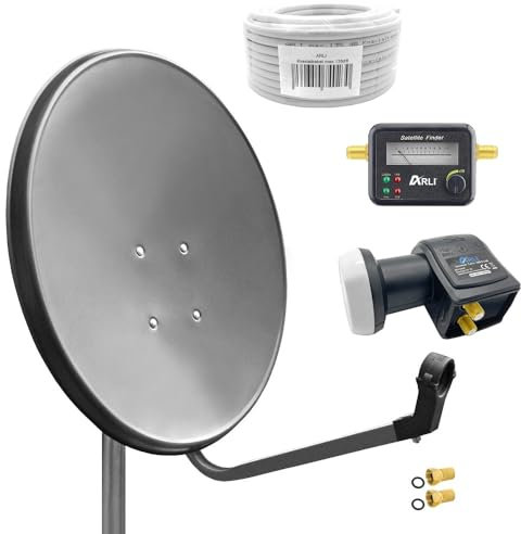 60cm HD Sat Anlage Twin LNB + 20m Koaxialkabel 135dB + Satfinder + 2 F-Stecker Digital 2 Teilnehmer Antenne grau UHD 4K