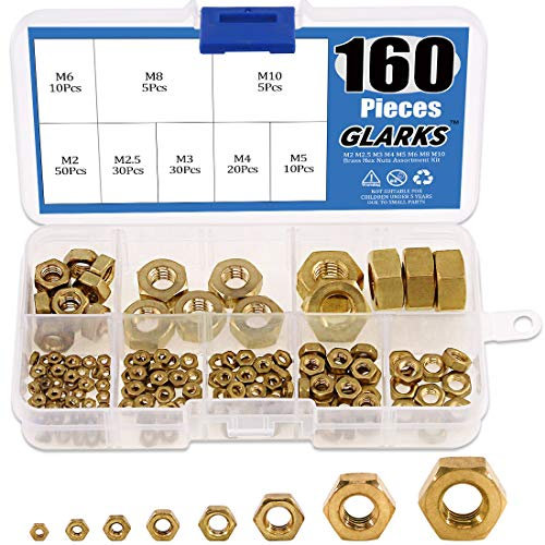 Glarks 160 Stück metrische M2 M2,5 M3 M4 M5 M6 M8 M10 hochfeste Messing-Sechskantmuttern Sortiment Kit