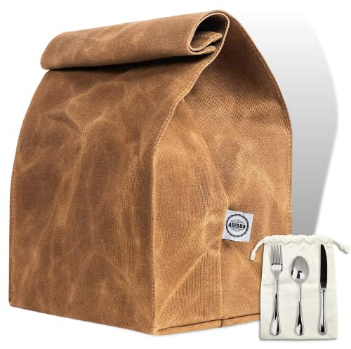 Asebbo Waxed Canvas Lunch Bag - Reusable Waterproof Lunch Sack for Office Work School Snacks - Brown Paper Bag Styled Large Lunch Bags for Women, Men, Kids - Made of 16 Oz Double Stitched Waxed Canvas