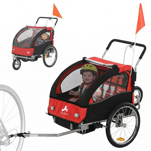 HOMCOM 2 Seat Bike Trailer for Kids, Baby Bike Stroller with 5 Point Harness, Child Bicycle Trailer with Safety Flag, Reflectors, Windproof Curtain, for 18+ Months, Red