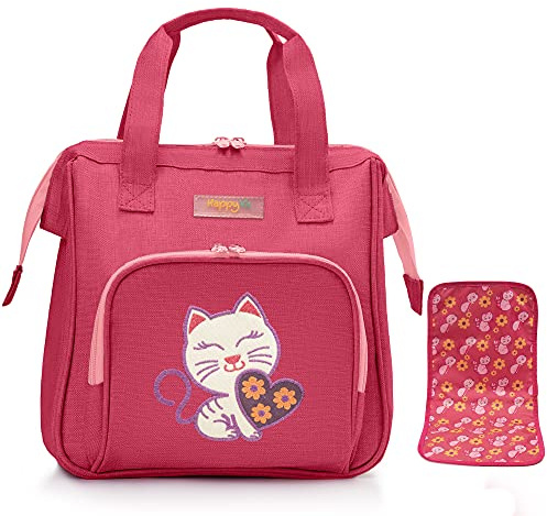 HappyVk-Borsa per Pannolini per Bambola con Tappetino per Il Cambio Bambola-Ricamo Gatto-Accessori per Bambole- Borsa per bambini dai 3 anni in su