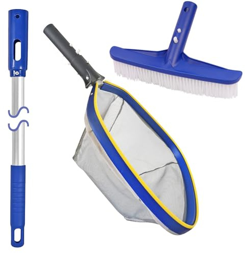 Poolvio Kit de nettoyage de piscine, tête de brosse de piscine de 25,4 cm et poteau télescopique en aluminium de 127 cm avec filet écumoire en aluminium à mailles fines – Parfait pour les piscines