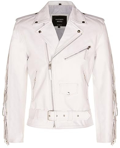 Infinity Leather Giacca da motociclista in pelle di mucca retrò Brando TASSELED da uomo in pelle bianca con frange