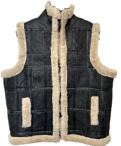 LVCOMEFF Unisex Sheepskin Vest Shearling Lined Sleeveless Jacket Gilet Warm High-collar Outerwear with Pocket (US, Alpha, X-Large, Regular, Regular, khaki)