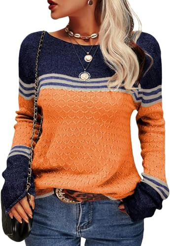 CheChury Jersey Mujer Invierno Punto Cuello Redondo Suéter Manga Larga Basico Bloque de Color Rayas Oversize Otoño Suelto Sweater Casual Blusas