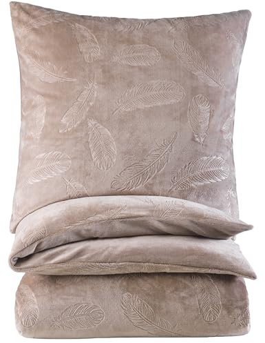 BaSaTex Winter Plüsch Bettwäsche Cashmere Touch im Prägedruck | flauschig und warm | 135x200 cm Deckenbezug + 80x80 cm Kissenbezug | 2 teiliges Set | Design Federn Taupe