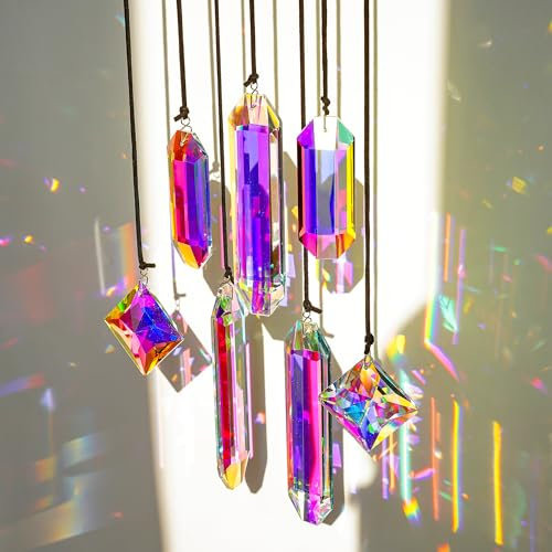 HDCRYSTALGIFTS Set 7 Crystal Sun Catcher Prisms, AB Colored Suncatcher Crystals Window Indoor Hanging Christmas Ornaments Rainbow Maker Prisms for Home Garden Decor
