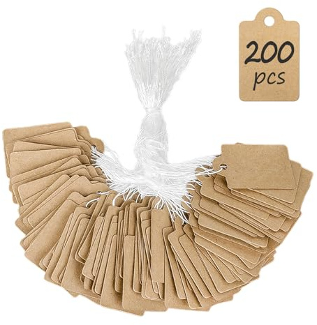 Uniclife 200 Pièces Etiquettes de Prix Kraft Étiquettes 2,5 cm inscriptibles Étiquettes d'affichage l'établissement prix vêtements bijoux à suspendre vierges marquage ficelles suspension, 3,5 x 2,2 cm