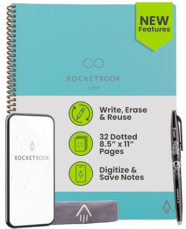 Rocketbook New Core Reusable Spiral Notebook, Letter Size 8.5x11, Teal - Dotted Pages, App-Connected, Erasable, Durable Cover, Ideal for School, Work, and Creative Projects