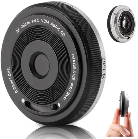VILTROX 28mm F4.5 Pancake Objetivo para Sony E, Objetivo Ultrafino de fotograma Completo con Enfoque automático y Gran Angular para Sony con Montura E cámaras A7C A7II A7SIII A7III A7RIII A7IV A7RIV