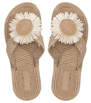 GORGLITTER Sandalen Damen Sommer Strandsandalen mit Blume Dekor Zehensandalen Boho Freizeitsandale Flache Sandalen Urlaubsandalen Weiß CN41