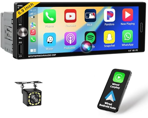 Inefala Carplay Radio 1 Din med Android Auto FM/RDS Radio Mirror Link, 6,9 tum pekskärm Bluetooth-bilradio 1 DIN med USB/Type-C SWC EQ Backkamera Fjärrkontroll