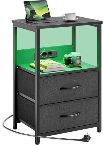 Rolanstar Beistelltisch mit LED-Beleuchtung, Nachttisch mit 2 Schubladen, USB-Anschluss & versteckter Steckdose, Sofatisch für Schlafzimmer und Wohnzimmer, Schwarz