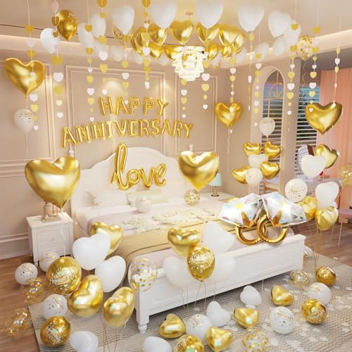 Gold and White Anniversary Decorations Valentines Day Balloons Kit with Happy Anniversary Banner Heart I Love You Balloons Red Felt Heart Hanging String Rose Petals for Valentines Romantic Decorations