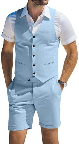Men's Suit Linen 2 Piece Vests Short Pants Suits for Men Casual Summer Beach Groomsmen Wedding Waistcoat Set Outfit, Light Blue, 3XL