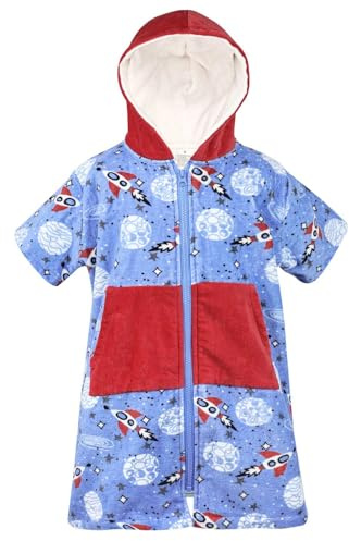FLYISH DIREKT Handduk med huva, 100 % bomull, tjock strandponcho, superabsorberande kortärmad badrock för pojkar och flickor, Raketer, 8-10 År