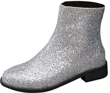Bottines pour femme avec strass - Large mollet - Élégantes - Bout rond - Style décontracté - Talon bas épais - Fermeture éclair latérale - Confortable - À enfiler - Pour fête en plein air, Argent 01