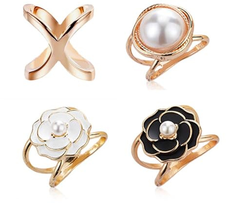 JRYXDS Lot De 4 Anneaux Pour Écharpes Et Foulards En Alliage Pour Femme, Simple, À Clipser Pour Écharpes Et Foulards, 4 Styles, Clip D'Écharpe Simple En Soie, Pour Vêtements Élégants Pour Femme