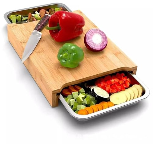 Zjyufy Tabla de cortar de madera con 2 bandejas de acero inoxidable extensibles, recoge alimentos y desechos, versátil tabla de cortar para cortar, picar y trinchar, accesorios de cocina