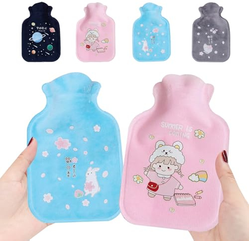 4 Pcs Small Hot Water Bottle with Cover, Mini Hot Water Bottle for Pain Relief, Portable Small for Travel/Office, Menstrual Cramps, Leakproof with Removable Knitted Cover