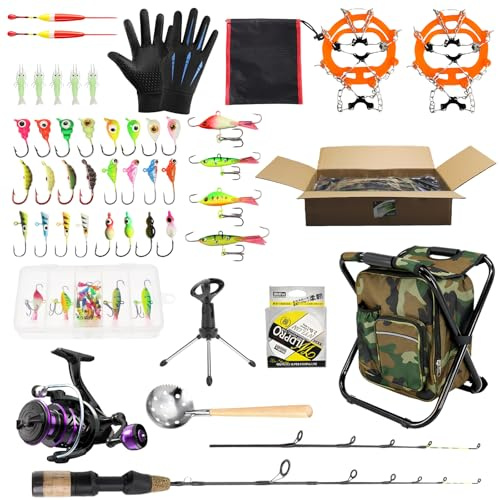 46pcs Ice Fishing Rod Reel Combo All-in-One Complete Kit with Backpack Seat, 24 Medium Action Ice Fishing Pole for Winter Anglers, Durable and Portable Gear for Lake Fishing