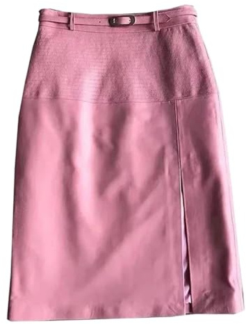 Women Genuine Knee-Length Slim Pattern Split Wrapped Mid Length Striped Belt Leather Skirt Pnnrk M