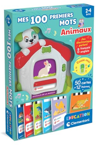 Clementoni - Mes 100 Premiers Mots Bilingues Les Animaux – 2-4 Ans – Jeu éducatif Enfant français Anglais avec Cartes interactives et Lecteur sonore, Apprentissage vocabulaire, Jouet Fille garçon