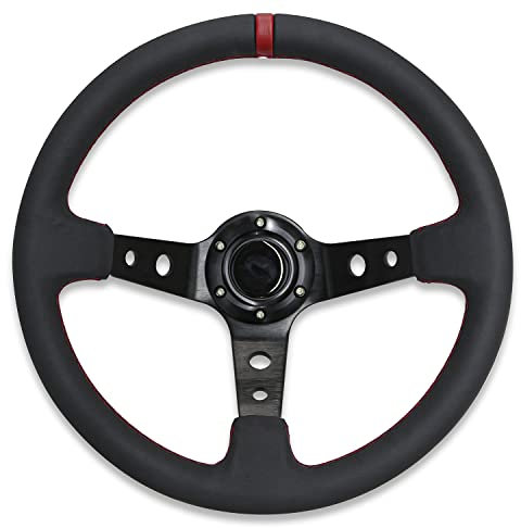 M MODAUTO Volante Deportivo Universal, Desplazado (G016-Piel Sintética-Parche Rojo)