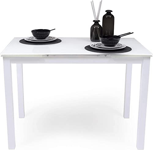 Homely - Mesa de Cocina Extensible Paris, sobre de Cristal Blanco, Estructura en Metal Gris, de 110/170x70cm (Blanco Total)