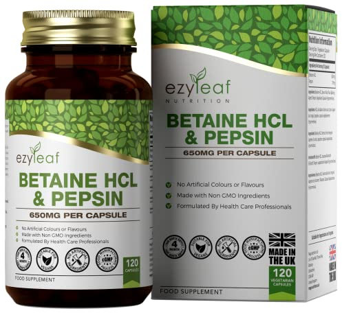 Ezyleaf Betain HCL Pepsin 680mg | 120 Vegane Betaine HCL Kapseln | Betainhydrochlorid mit Pepsin | Verdauungsenzyme | Ohne künstliche Inhaltsstoffe | ISO-Zertifikat, Gluten- & Gentechnikfrei | Aus GB