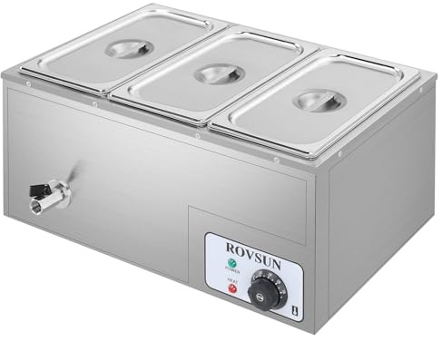 ROVSUN 21QT Electric Commercial Food Warmer, 3-Pan Steam Table Countertop, 6.9 QT/Pan Stainless Steel Bain Marie Buffet with Temperature Control & Lid for Parties, Catering, Restaurants 110V