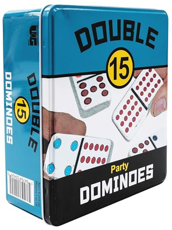 Front Porch Classics, Double 15 Color Dot Dominoes Set On-the-Go Travel Storage Tin, 2 to 12 Players Ages 8 to 99
