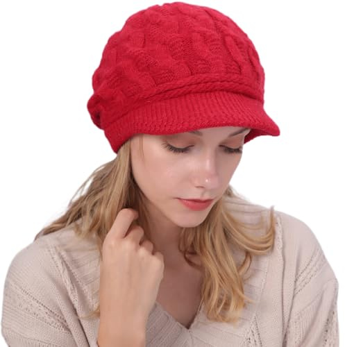 DURINM Warme Winter mütze Fleece Mütze Schirm Visor Wintermütze Damen Warme Gefütterte Wintermützegestrickte Schirmmütze Baseballmütze mit Weiches Dickes Fleecefutter (rot)