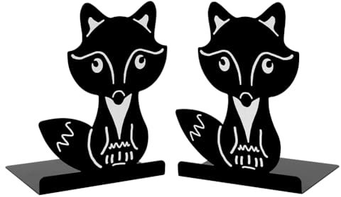 1 Paar schwarze Fuchs-Metall-Buchstützen, kreativer Cartoon-Fuchs, Tier, rutschfest, verdickte Eisen-Buchstützen, Schreibtisch-Organizer, Halter für Kinder, Musikliebhaber, Bibliothek, Schule,