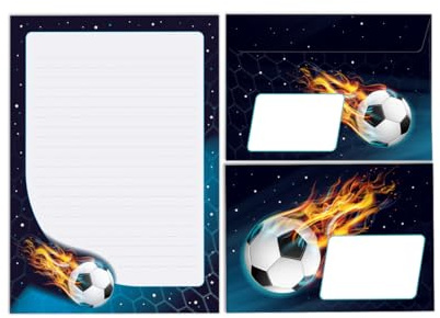 Brevpappersset, brevblock med kuvert för pojkar, barn, fotboll, barnmotiv, anteckningsblock, linjerat (lock A5 med 25 ark + 15 kuvert)