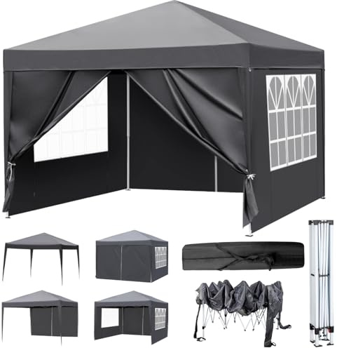LEADZM 3x3m Tonnelle de Jardin Pliable,Pop-up Barnum,Réglable en Hauteur, Imperméable,Protection UV 50+,avec 4 Côtés,Cadres en Acier,Convient pour la Fête, l'extérieur,Patio,Camping,Gris Foncé
