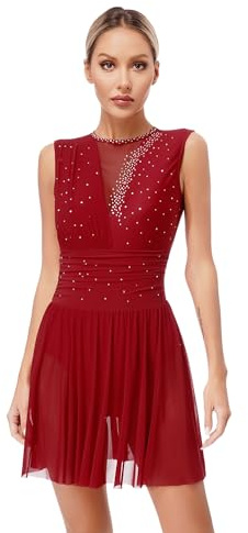 YOOJIA - Vestito da donna, per pattinaggio artistico, con strass, da ginnastica, per danza, pratica, da competizione, senza maniche, body, leotard, costume da spettacolo, Bordeaux, S
