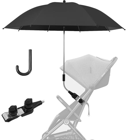 Universal Pram Umbrella, 360° UV Protection Pram Parasol Baby Stroller Umbrella with Adjustable Fixing Clamp for Pushchair Buggy Beach Chair, 85 cm Diameter (Black)
