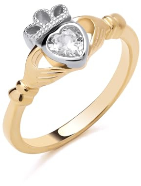 Old English Jewellers 9ct Yellow Gold on Silver Cz Claddagh Irish Celtic Ring size J K L M N O P Q R S - Love Loyalty & Freindship (R)