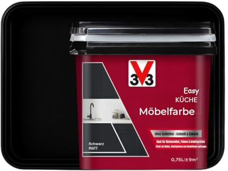 V33 Möbelfarbe Schwarz Matt ohne Schleifen – Für Küche & Bad – 750ml Lack auf Holz, MDF, Kunststoff – Abwischbar & hitzebeständig – Renovierfarbe