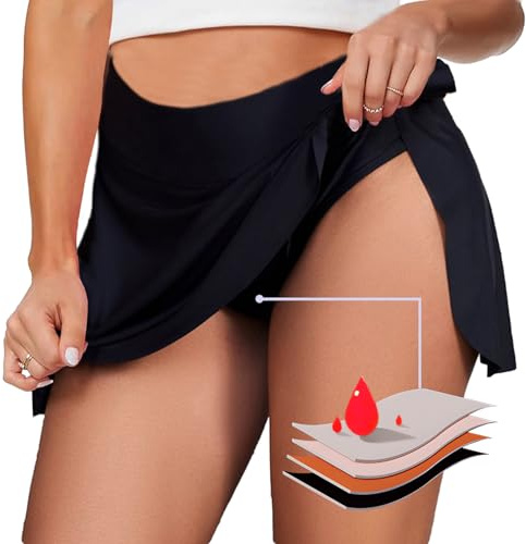 Period Skirt for Women Swimming, 4Ply Leakproof Protective Privacy Bikini Menstrual Swimwear Bottoms for Girls Teens, Super Absorbent Quick Dry Swim Shorts for Beach Pool Black