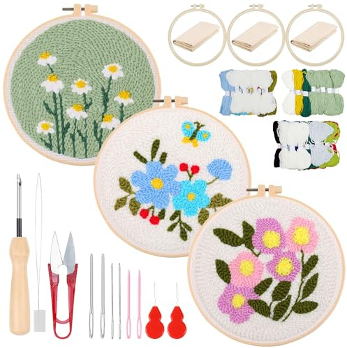 Woohome Punch Needle Starter-kit, stansnål-broderikit med instruktioner, plastcirkel, garn och nålpenna med broderi (vit, blå och lila blommor)