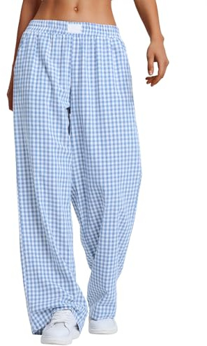 Rapbin Pantalon de pyjama long en coton pour femme avec poches, Vichy bleu, M