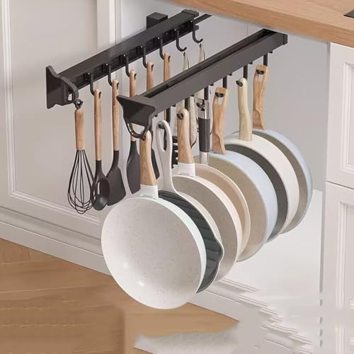 Organizador Extraíble De Ollas Y Sartenes, Soporte Extraíble para Escobas Y Trapeadores, Riel para Colgar Soporte De Armario De Aleación De Aluminio con Ganchos Ajustables(12.20in-10 Hook)