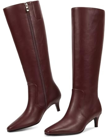 wetkiss Knee High Boots for Women Pointed Toe Kitten Low Heeled Tall Boots with Side Zipper Knee High Stiletto Long Boot Shoes for Dressy Party Prom Shopping PU Leather, Burgundy Red, 5 UK